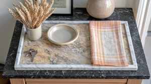A stylish entryway drop zone featuring a marble tray, ceramic bowl, keys, and dried wheat on a dark countertop.