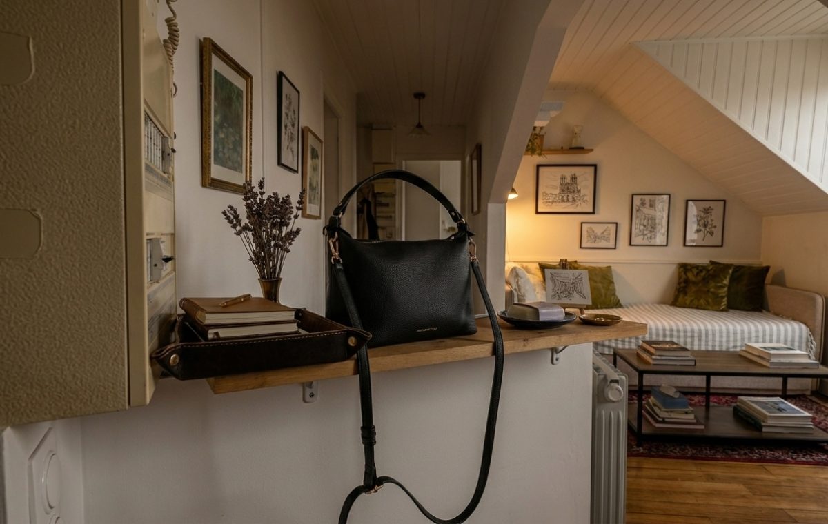 Stylish entryway drop zone featuring a black leather handbag on a wooden ledge with a catch-all tray and dried flowers.