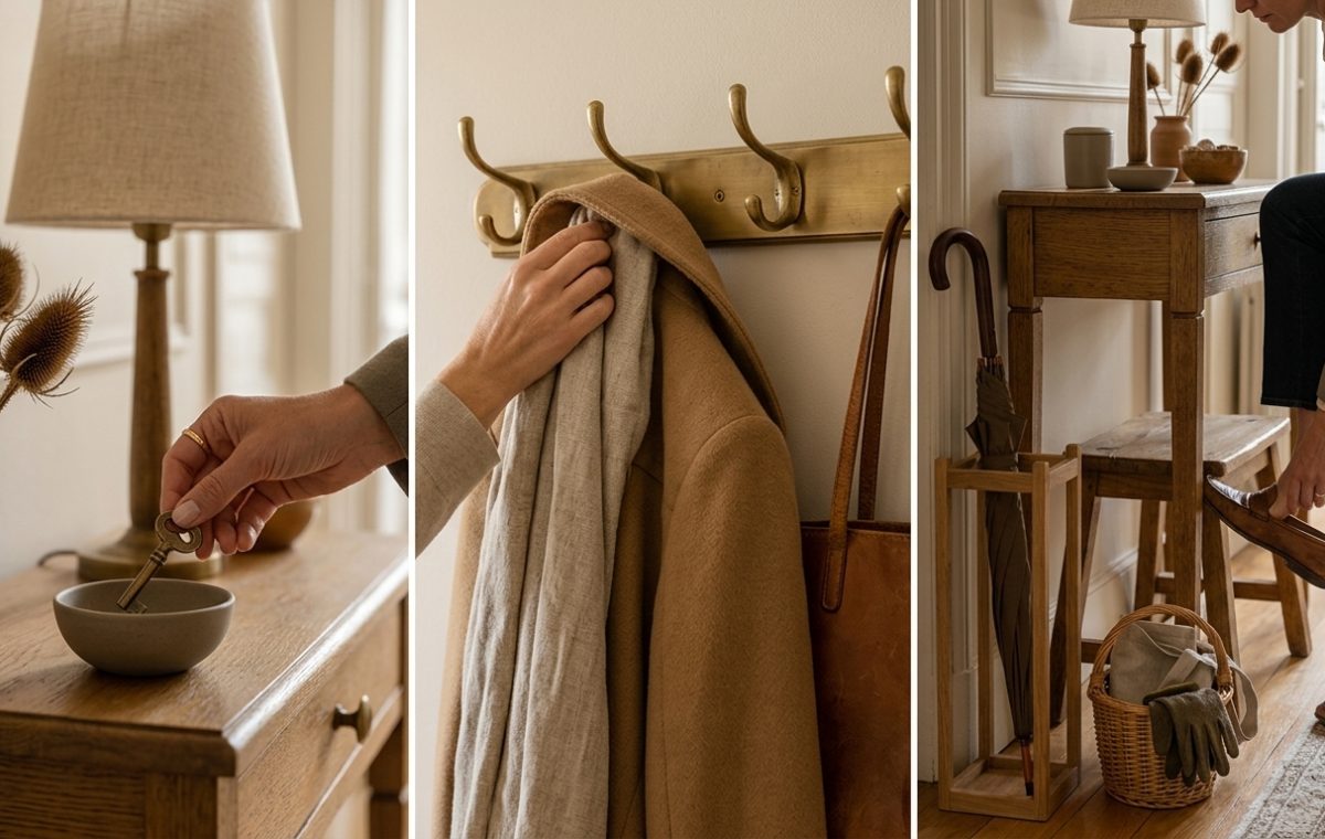 Practical entryway organization featuring brass coat hooks, a narrow wooden console table, and a key drop bowl.