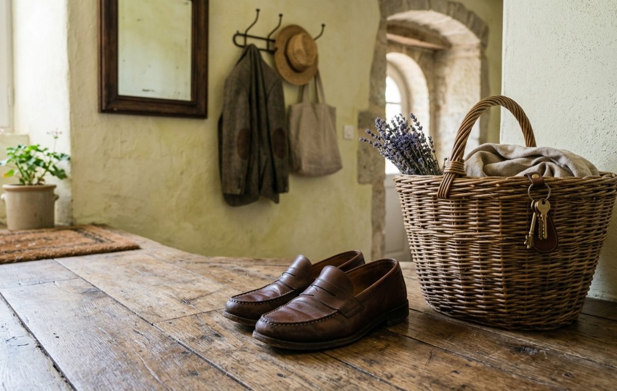 A rustic front entryway drop zone featuring a woven basket, leather loafers on wood flooring, and coat hooks.