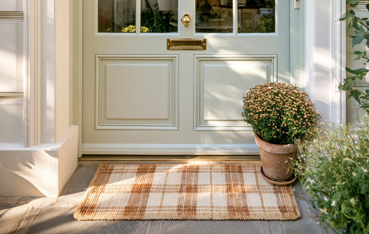Front entryway styling featuring a plaid coir doormat, potted mums, and a sage green door