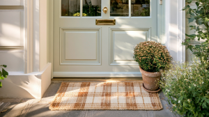 Front entryway styling featuring a plaid coir doormat, potted mums, and a sage green door