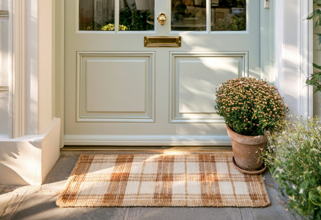 Plaid coir front porch doormat ideas featuring potted mums and a pastel green door entryway setup in daylight sunlight casting shadows on stone steps.