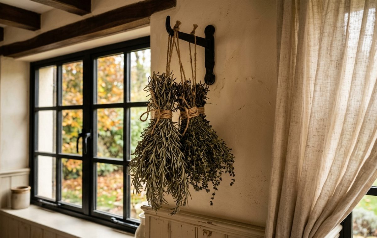 Bundles of drying herbs hanging from an iron hook near a rustic kitchen window