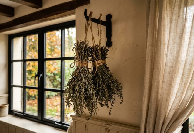 Bundles of drying herbs hanging from an iron hook near a rustic kitchen window