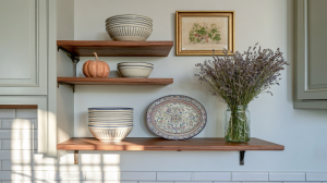 Stylish open kitchen shelving featuring stacked ceramic bowls, dried lavender, and a decorative plate on wooden planks.