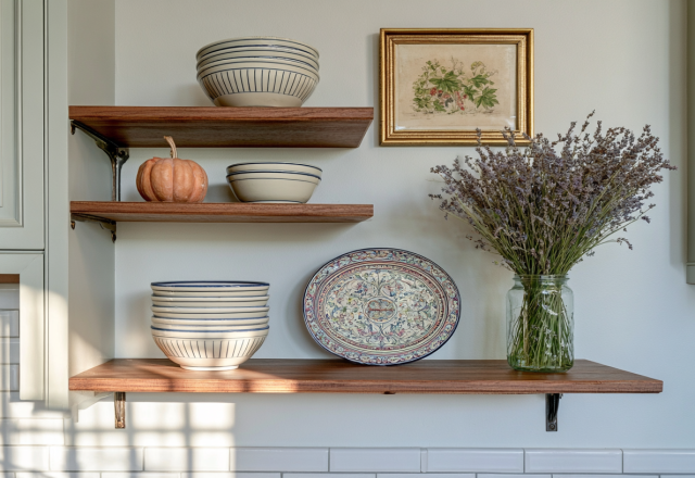 Stylish open kitchen shelving featuring stacked ceramic bowls, dried lavender, and a decorative plate on wooden planks.