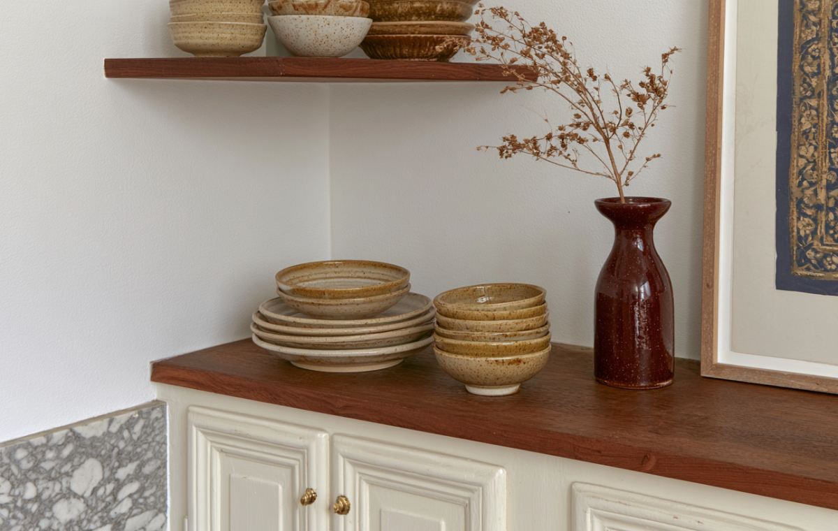 Open shelving kitchen organization featuring stacked ceramic plates and earth-toned pottery.