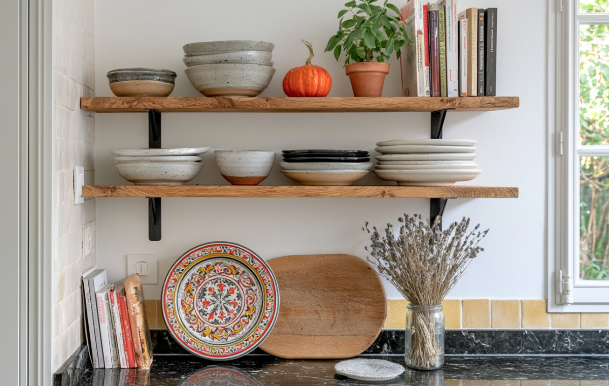 Open kitchen shelving styled with ceramic bowls, plates, books, and a small potted herb plant.