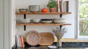 Open kitchen shelving styled with ceramic bowls, plates, books, and a small potted herb plant.