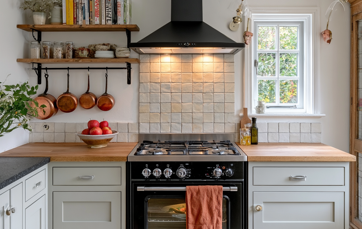 A cozy rustic kitchen design featuring wooden countertops, open shelving, copper pots, and a black range hood.