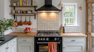 A cozy rustic kitchen design featuring wooden countertops, open shelving, copper pots, and a black range hood.