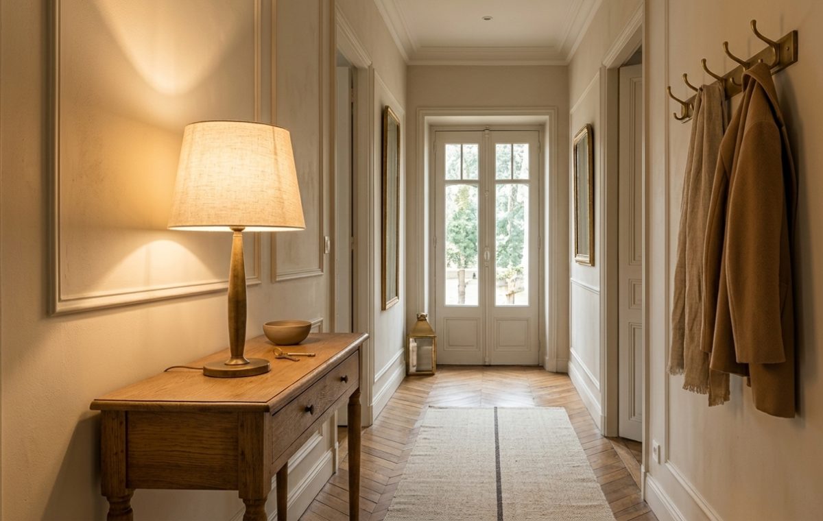 Warm hallway lighting ideas featuring a table lamp on a console table in a neutral corridor.