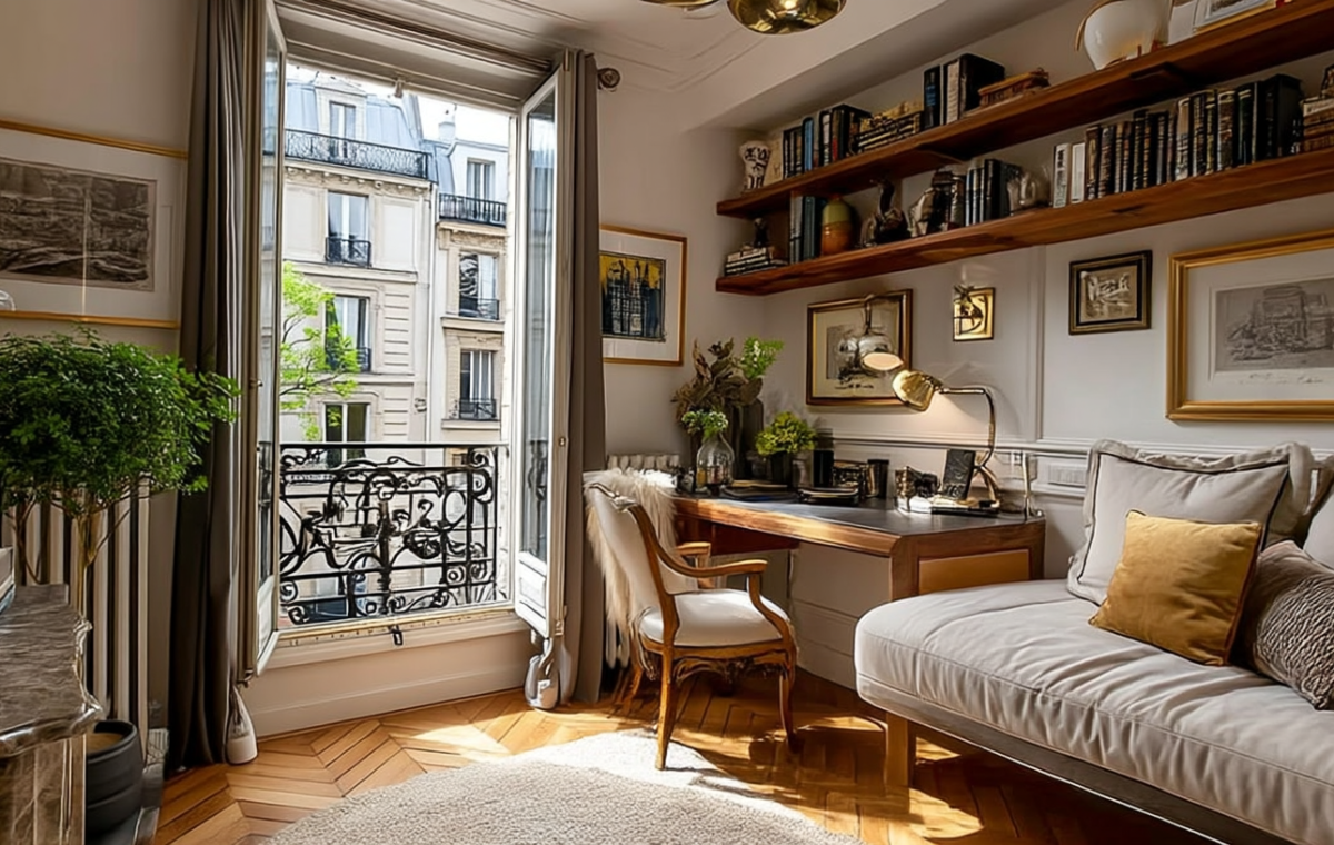 Small home office styling featuring a wooden desk, open bookshelves, and a daybed next to French doors.