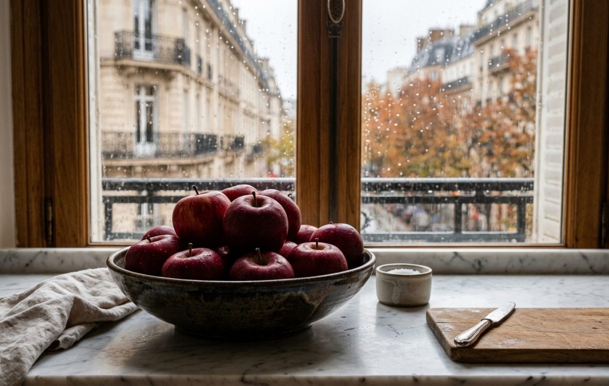Bowl of fresh red apples on a marble kitchen window sill overlooking a rainy city street
