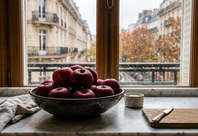Bowl of fresh red apples on a marble kitchen window sill overlooking a rainy city street