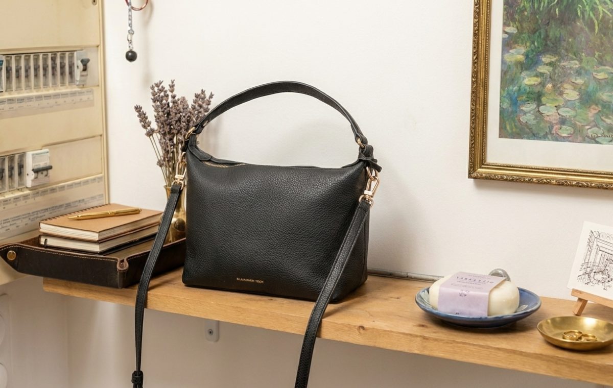 A black leather handbag resting on a wooden entryway shelf with decor items.