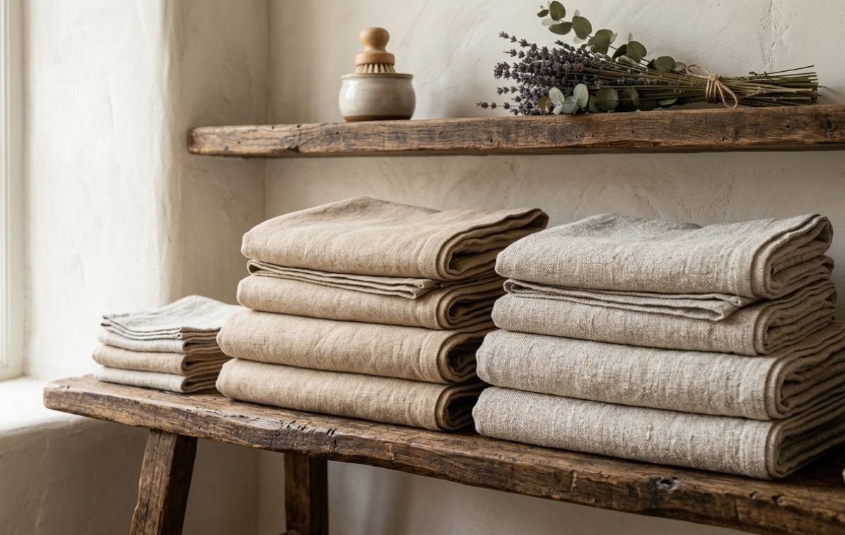 Neutral linen towels neatly stacked on a rustic wooden bench with open shelving above