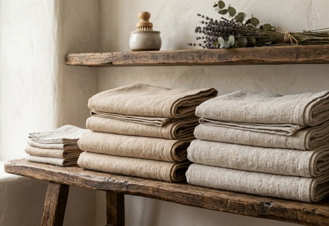 Neutral linen towels neatly stacked on a rustic wooden bench with open shelving above