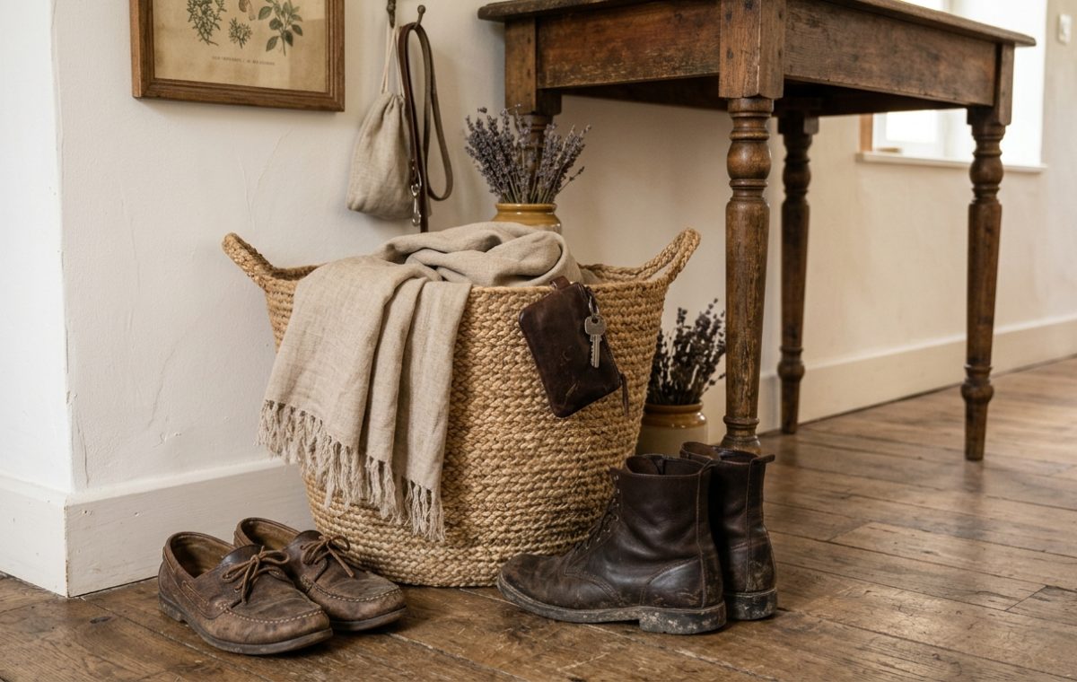 Rustic mudroom drop zone with woven basket, leather boots, and natural textiles on wooden floors.