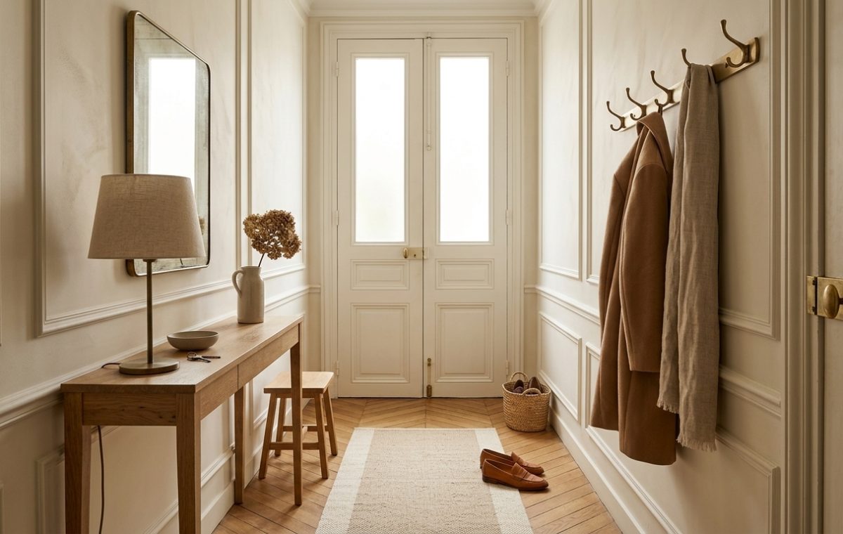 Narrow entryway ideas featuring a slim oak console, brass hooks, wall moulding, and herringbone parquet floor.