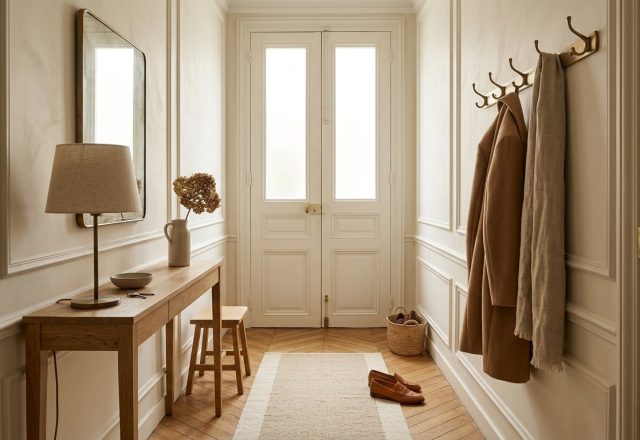 Narrow entryway ideas featuring a slim oak console, brass hooks, wall moulding, and herringbone parquet floor.