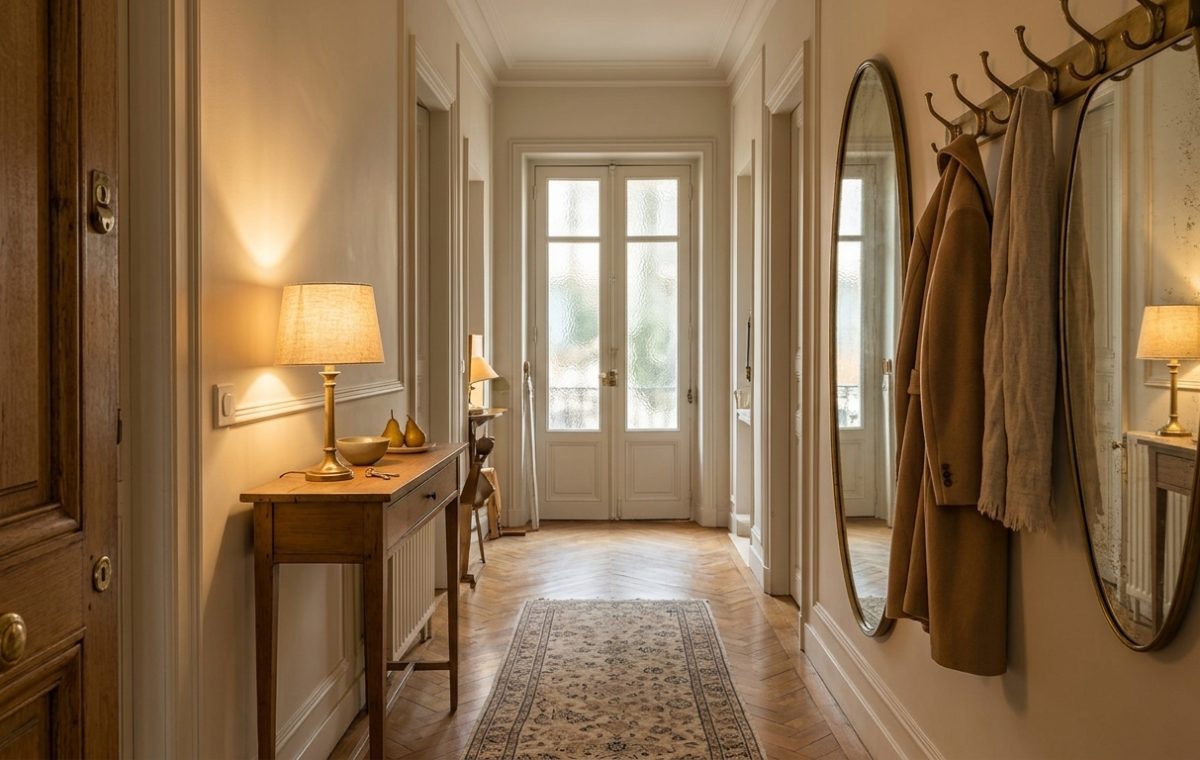 Narrow hallway decor ideas featuring wainscoting, a shallow console table, wood flooring, and brass coat hooks in a bright entryway.