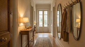 Narrow hallway decor ideas featuring wainscoting, a shallow console table, wood flooring, and brass coat hooks in a bright entryway.