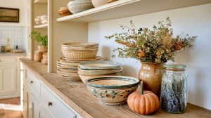Open kitchen shelving styled with stacked pottery, dried flowers, and wooden countertops.