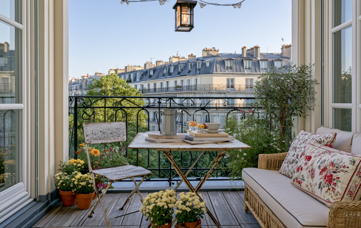 Cozy small balcony design ideas featuring an iron bistro table, rattan sofa with floral cushions, and potted flowers overlooking city rooftops.