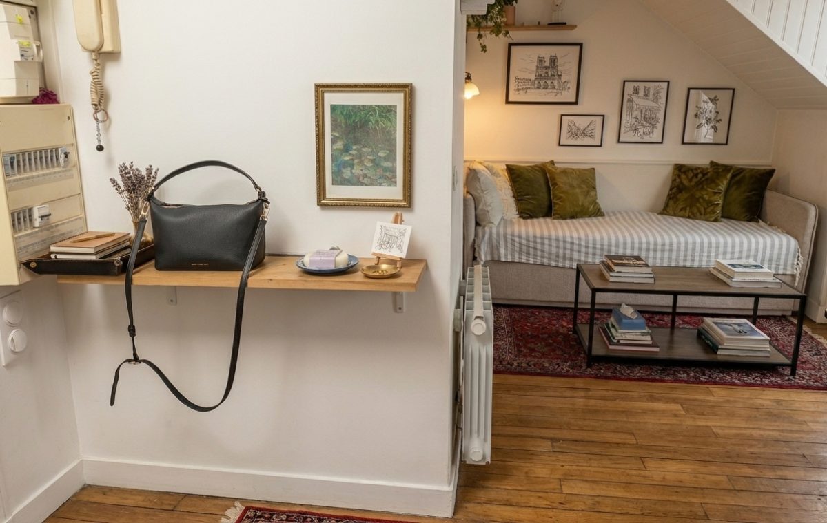 A clean small entryway drop zone featuring a floating wooden shelf and a black leather handbag.