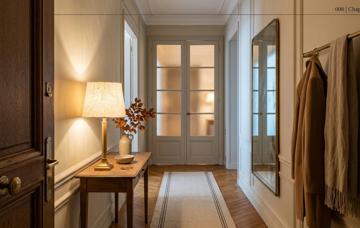 Warmly lit small entryway ideas featuring a slim wooden console table, brass wall hooks, and herringbone wood floors.