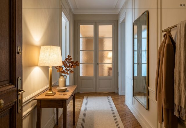 Warmly lit small entryway ideas featuring a slim wooden console table, brass wall hooks, and herringbone wood floors.