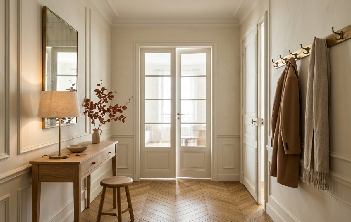 A bright small entryway featuring a wooden console table, brass coat hooks, and chevron flooring.