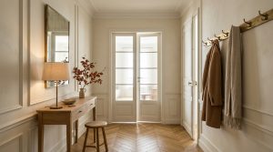 A bright small entryway featuring a wooden console table, brass coat hooks, and chevron flooring.
