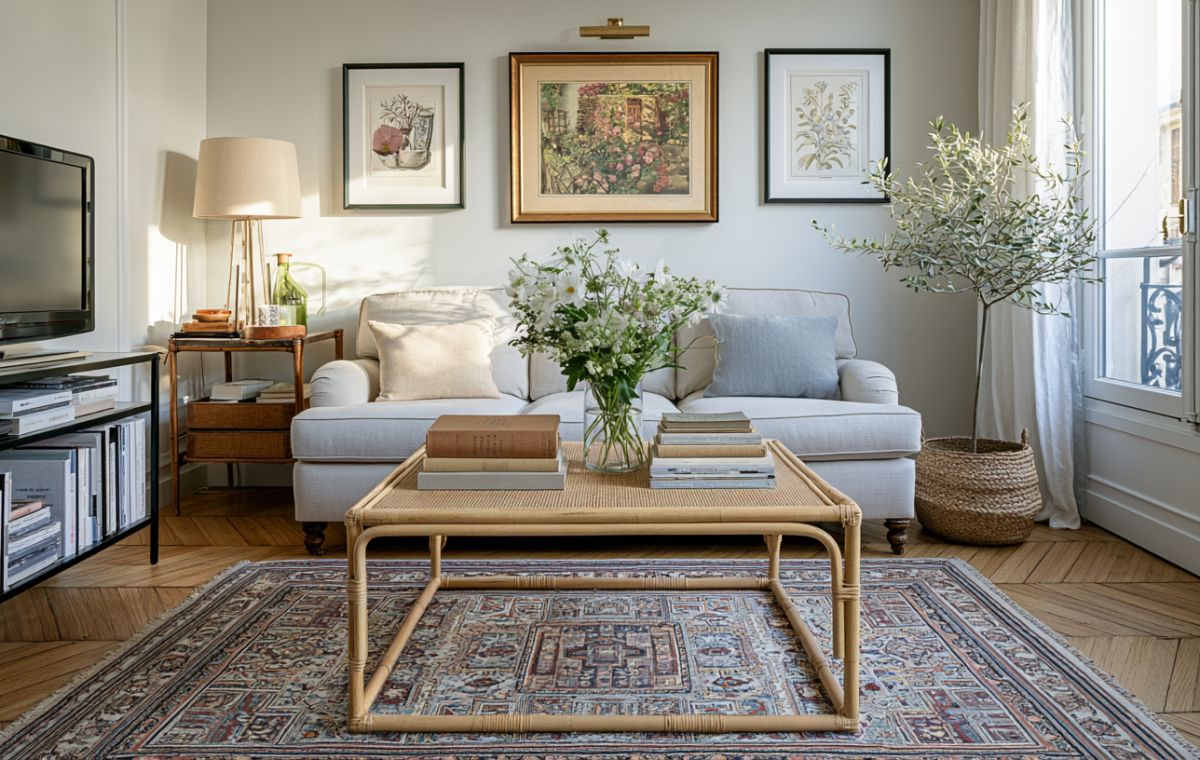 A cozy small living room layout featuring a rattan coffee table, neutral sofa, and patterned rug.