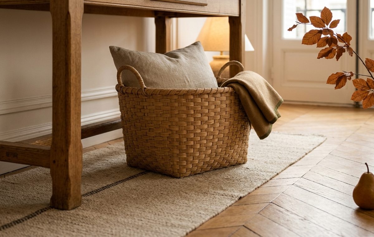 A rustic woven storage basket holding a linen pillow and woolen blanket beneath a wooden entryway table.