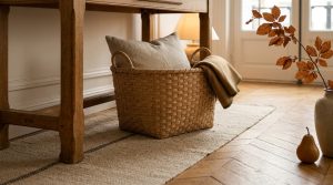 A rustic woven storage basket holding a linen pillow and woolen blanket beneath a wooden entryway table.