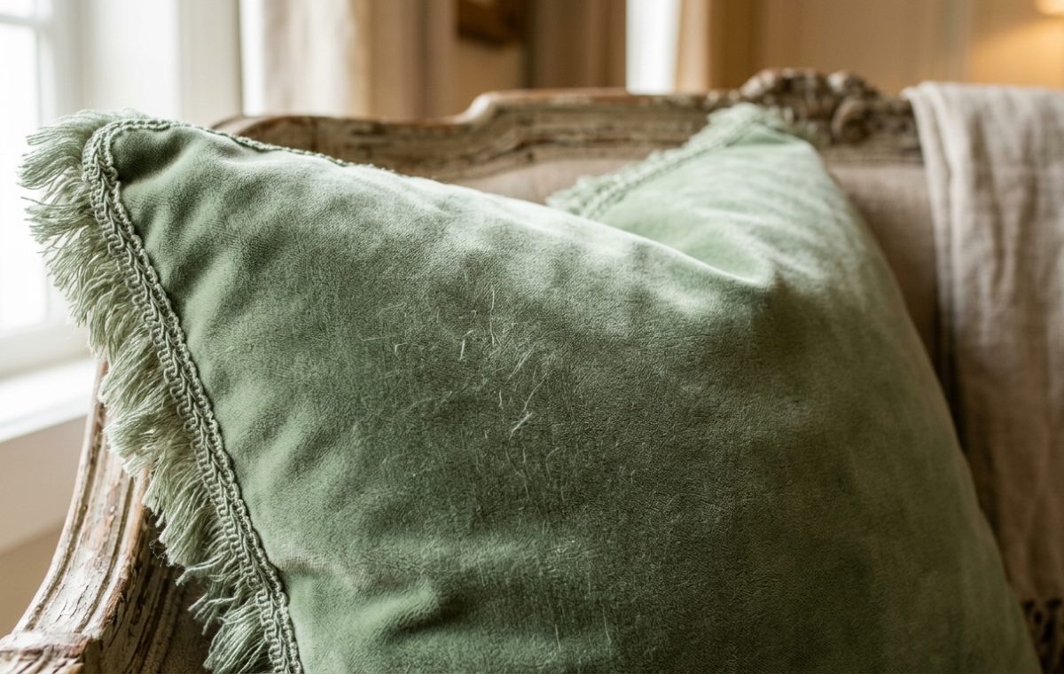 Close-up of a sage green velvet cushion with decorative fringe resting on a vintage wooden chair.