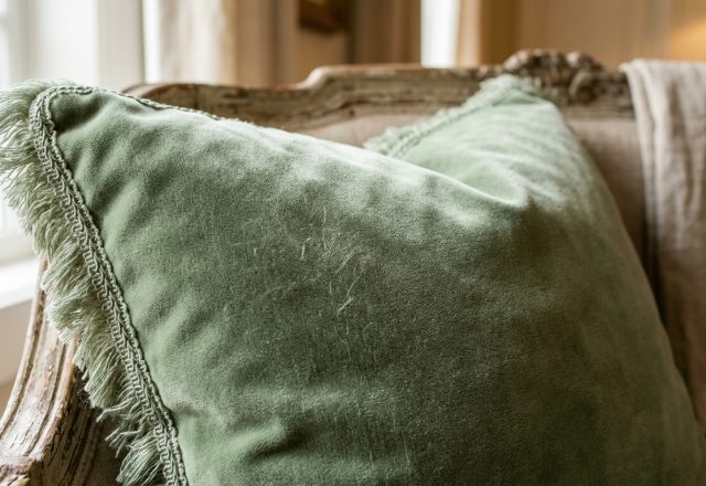 Close-up of a sage green velvet cushion with decorative fringe resting on a vintage wooden chair.