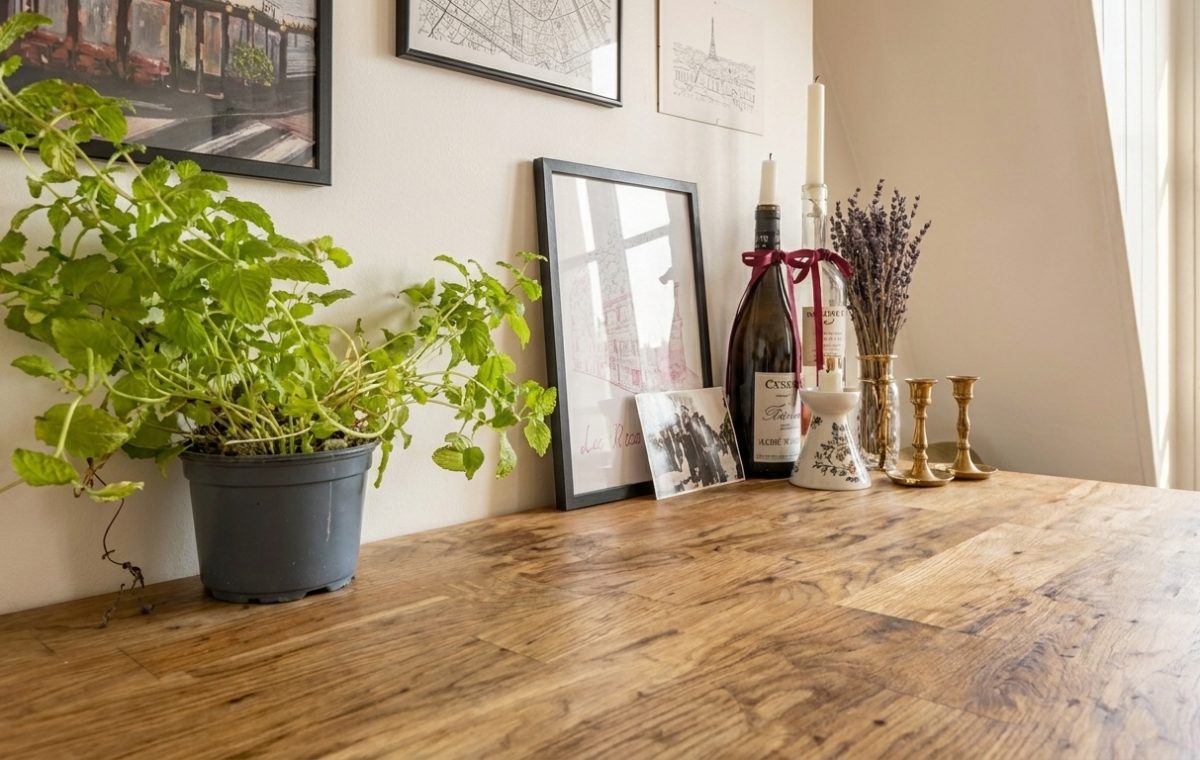 Wooden dining table decor styled with potted mint, framed art, and glass bottles in a bright room.