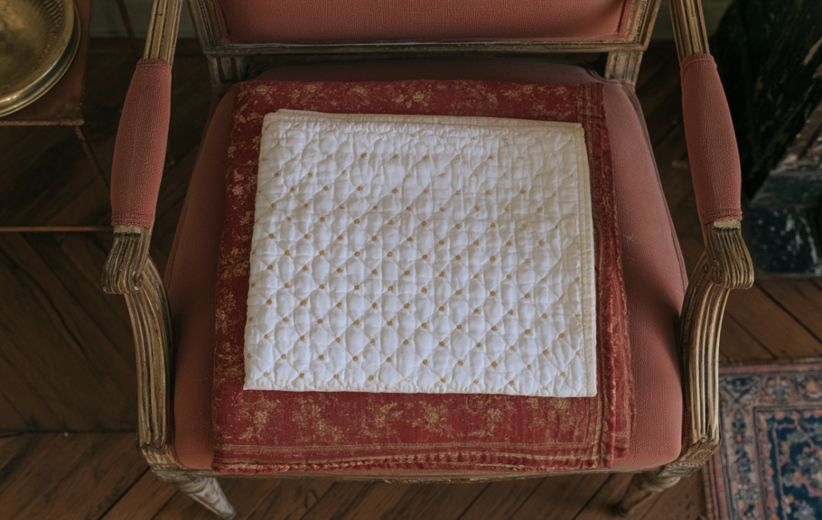 An antique chair cushion with a white quilted cover resting on a red damask vintage seat in a historic room setting.