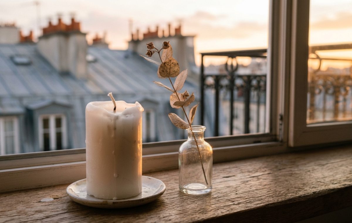 Minimalist windowsill decor featuring a white pillar candle and dried eucalyptus in a glass bottle.