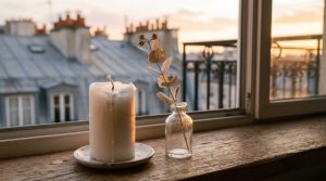 Minimalist windowsill decor featuring a white pillar candle and dried eucalyptus in a glass bottle.