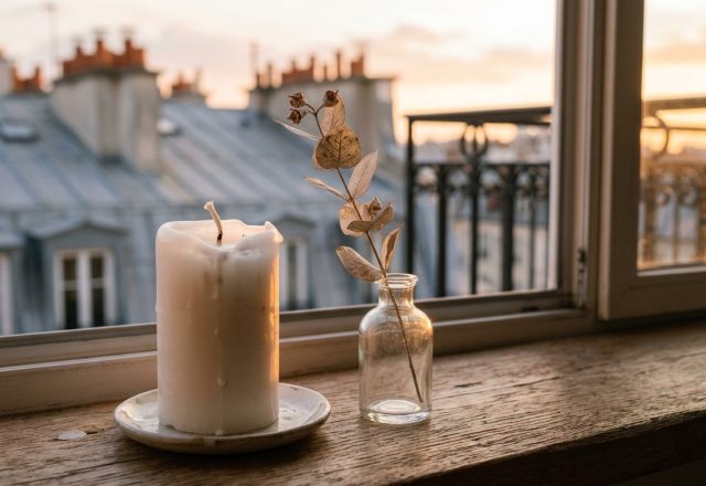 Minimalist windowsill decor featuring a white pillar candle and dried eucalyptus in a glass bottle.