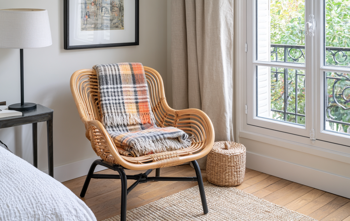 Cozy bedroom corner featuring a rattan armchair styled with a tartan throw blanket and a black side table.
