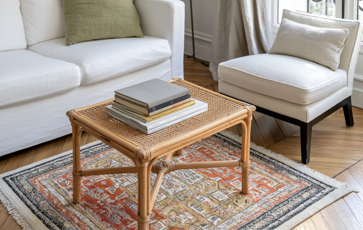 A natural rattan coffee table styled with books on a vintage rug in a bright living room.