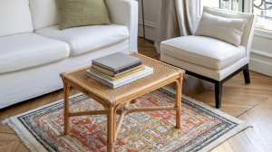 A natural rattan coffee table styled with books on a vintage rug in a bright living room.