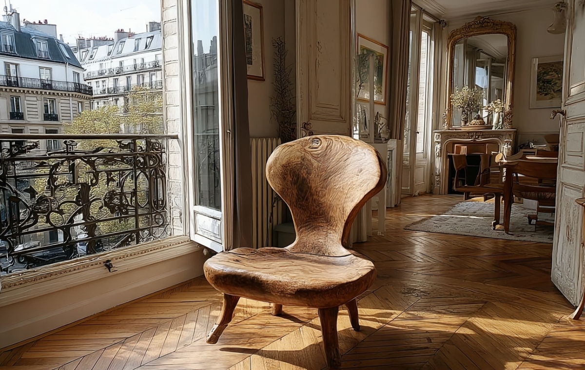 Sculptural raw wood furniture chair placed near a sunny balcony with herringbone wood floors.