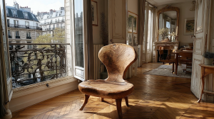 Sculptural raw wood furniture chair placed near a sunny balcony with herringbone wood floors.